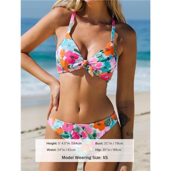 Women's Two Piece Bikini Set Floral Print Knot Bunny Tie - Picture 4 of 7